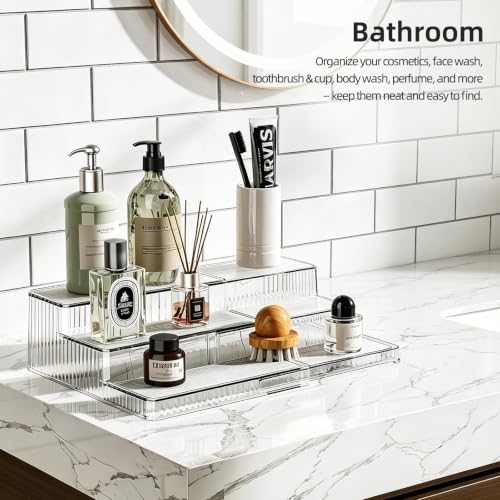 3-Tier Expandable Clear Spice Rack Organizer 2 Pack Adjustable Tiered Seasoning Shelf with Non-Slip Textured Surface, Multi-Purpose Cabinet Organizer for Kitchen Pantry Countertop Vanity