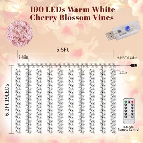 Cherry Blossom Lights，190 LED 5.5X 6.2ft Curtain Lights for Bedroom | Warm White Curtain String Lights with Remote and Timer, 8 Modes, USB Powered for Room Wall Party Xmas Decor