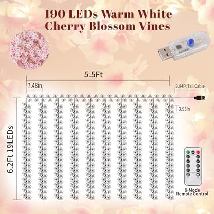 Cherry Blossom Lights，190 LED 5.5X 6.2ft Curtain Lights for Bedroom | Warm White Curtain String Lights with Remote and Timer, 8 Modes, USB Powered for Room Wall Party Xmas Decor