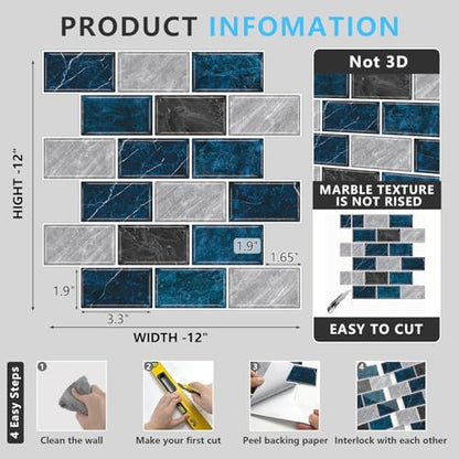 URCOLOR 10-Sheet Backsplash Tile for Kitchen Peel and Stick,12"x12" Self Adhesive Wall Tiles Stick on Back Splashes for Bathroom Blue Marble Look - color: Blue