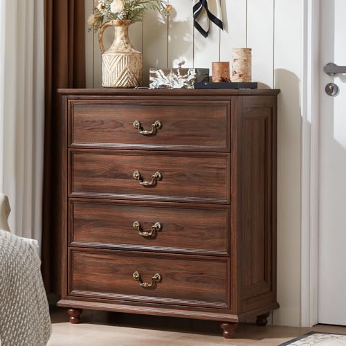 Joaxswe Farmhouse 4 Drawer Dresser for Bedroom, 37" Tall Rustic Chests of Drawers w/ 4 Solid Wood Feet, Mid Century Modern Wooden Closet Storage Dressers Organizer for Living Room, Hallway, Brown - color: Brown, size: 15.7"D x 31.5"W x 37.2"H (4 Drawers)