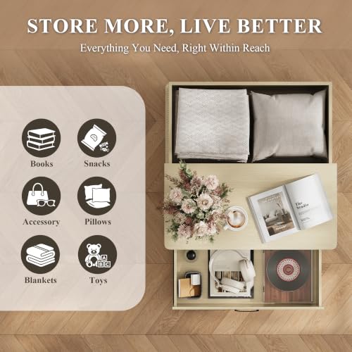 MALOL Square Storage Coffee Table with 2 Drawers, Hidden Storage Beneath Flip-Top Lid, Modern Fluted Wood Coffee Table with Solid Wood Legs for Living Room, Light Wood - color: Light Wood