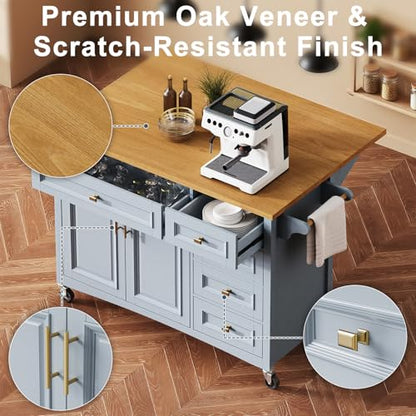 52" Kitchen Island with Storage, Wheels & Drop Leaf, Adjustable Shelf | Oak Top, White Retro Kitchen Cart on Casters, 2 Cabinets, 5 Drawers, Spice Rack, Towel Bar, Durable, Easy Assembly - color: Dusty Blue