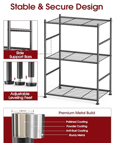 Sakugi 3-Tier Metal Storage Shelves - Space-Saving Shelf Organizer for Small Spaces, Compact Shelving Unit with Adjustable Feet for Kitchen, Garage, Laundry Room (17.7" x 12.5" x 30.1", Black) - size: 17.7W x 12.5D x 30.1H(3T)