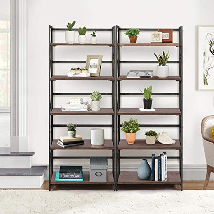 VECELO 5 Tier Folding Bookshelf, No-Assembly Folding-Bookshelf, Industrial Tall Bookcase with Metal Frames for Home and Office,Set of 2 - color: Dark Brown, size: 2 Set