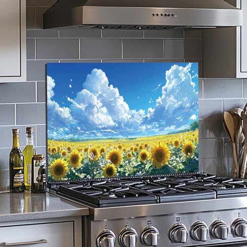 Evgosm Tempered Glass Backsplash for Kitchen， Stove Splashback, sunflower Glass Backsplash, Easy to Install and Clean, Used for Kitchen Wall Protection and Decoration. (30x24'') - size: 30"L x 24"W