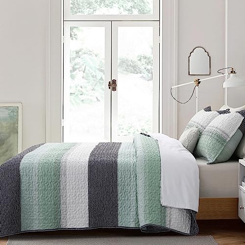 DURLENGEN Quilt Set Queen Size 3Pcs,Soft Microfiber Lightweight Bedspread,White & Green Striped Geometric Pattern Coverlet for All Season Layering(Queen 90x96,Mint Green) - color: Mint Green, size: Queen(90" x 96")