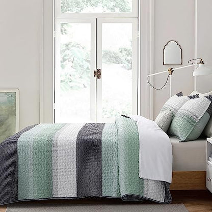 DURLENGEN Quilt Set Queen Size 3Pcs,Soft Microfiber Lightweight Bedspread,White & Green Striped Geometric Pattern Coverlet for All Season Layering(Queen 90x96,Mint Green) - color: Mint Green, size: Queen(90" x 96")