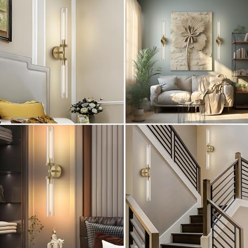 Brass Wall Sconces, 30in Gold 2-Light Double Glass Sconces Wall Lighting, Bathroom Knurled Vanity Light Sconces, Wall Lights for Living Room Bedroom（Including Bulb） - color: Brass- 30 inch-2 Pack, size: 2 Pack