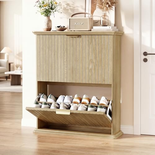 Natural Wood Slim Shoe Storage Cabinet with Fluted Doors,31.5" Modern Hidden Shoe Rack with 2 Flip Drawers,Rounded Corners,Wall-Mounted Narrow Shoe Organizer - color: Oak, size: 31.5"D x 9.8"W x 35.4"H（Fluted）