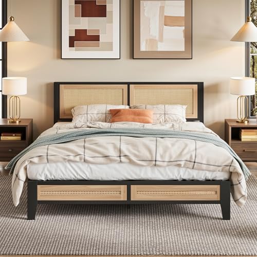 LIKIMIO Queen Rattan Bed Frame with Headboard, Boho Metal Platform Bed | Rattan headboard, 900 lb support, metal slats, EVA pads, 9.8-inch underbed clearance, no box spring needed. - size: Queen