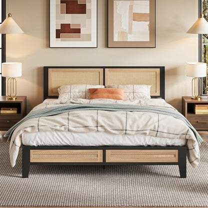 LIKIMIO Queen Rattan Bed Frame with Headboard, Boho Metal Platform Bed | Rattan headboard, 900 lb support, metal slats, EVA pads, 9.8-inch underbed clearance, no box spring needed. - size: Queen