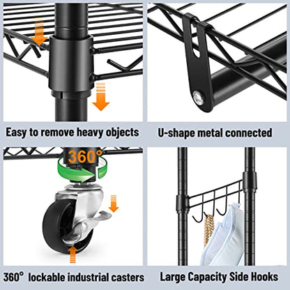Homdox Rolling Garment Rack with Double Rod, Heavy Duty Clothing Rack with Shelves, Portable Clothes Rack, Free Standing Wardrobe Rack, with Lockable Wheels & Hanging Hooks, Max Load 450 LBS, Black - color: Black, size: 17.72"D x 47.24"W x 80.71"H