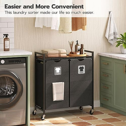 HOOBRO Laundry Hamper, Laundry Sorter 2 Section, 2 × 13 Gal (49.5L), Laundry Basket with Wheels, Rolling Cart, Pull-Out and Removable Oxford Fabric Bags, Rustic Brown and Black BF72XY01