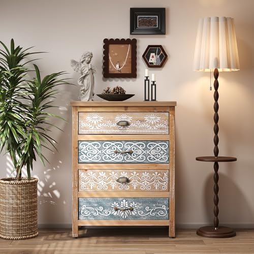 Boho Small Accent Cabinet with Hand-Painted Floral Drawers | Rustic Wood Storage Cabinet with 4 Drawers | Decorative Entryway Cabinet for Living Room, Dining Room, Kitchen | Solid Fir Wood Frame - color: Blue and Brown