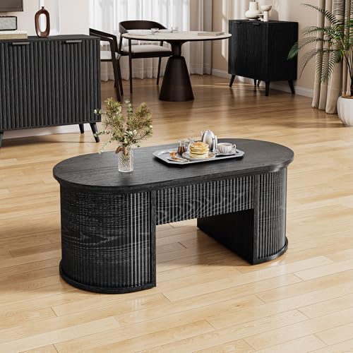 47.2" Oval Fluted Lift Top Coffee Table with Hidden Compartment, Black | Lifting Tabletop,Timeless Fluted Wood Aesthetic,Spacious Hidden Storage,Supporting up to 150 lbs - color: Black