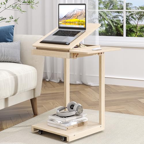 C Shaped End Table, Rolling Side Table with 4-Way Convertible Desktop, Wooden C Table with Multi-Functional Folding Tray, Side Table for Couch, Living Room, Bedroom, White Oak - color: Oak