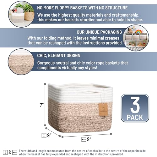 NaturalCozy Storage Cubes 9”x9”x7”Cotton Rope Woven Baskets for Organizing 3-Pack | 9 Inch Cube Storage Bin | Small Basket for Shelf Nursery, Pantry, Decorative Plant, Bathroom Closet, Toy Gift - color: 3-Tone Brown