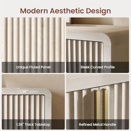 59" Fluted Sideboard Buffet Cabinet with Storage, White Alder | Modern Credenza Console with 4 Doors & Adjustable Shelves, Wood Coffee Bar for Kitchen, Living Room, Entryway