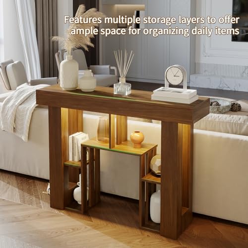 43.3" Console Table with Charging Station & USB-C Port, Behind Couch Sofa Table with LED Lights Narrow Entryway Table for Entrance Living Room Hallway Foyer, Walnut - color: Walnut