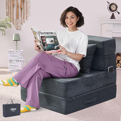 Folding Sofa Bed, 4 in 1 Convertible Sleeper Chair with Pillow, Single Memory Foam Fold Out Chair Bed, Modern Floor Futon Sofa Couch Mattress for Living Room/Guest/Apartment, Dark Grey - color: Dark Gray, size: Single