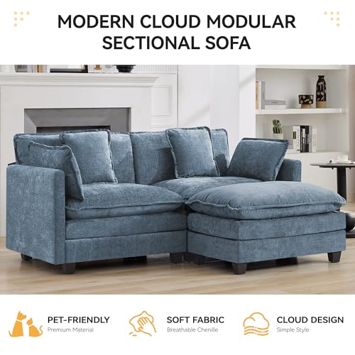 76'' Cloud Deep Seat Loveseat Sofa, Upholstered Chenille Modular 2-Seats Sectional Sofa Couch with Movable Ottoman, Modern Comfy Settee Loveseat for Living Room Set, Small Apartment, Blue - color: Blue, size: 76'' L Shape