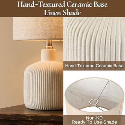 Ceramic Table Lamp, Off-White, 17.75" | Rustic Farmhouse, Beige Linen Shade, Warm Ambient Lighting, Bedside Nightstand - color: Off-White