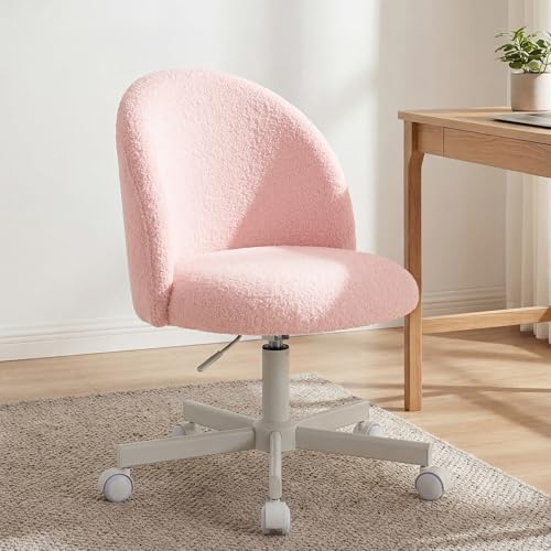 NEO Chair Office Vanity Chair with Wheels Comfy Desk Chair for Girls Cute Computer Small Armless Adjustable Height Swivel for Home Bedroom Task (Teddy Pink) | Soft Fleece Fabric with Supportive Curved Back, 360° Swivel, Cozy Comfort for Makeup, Computer,