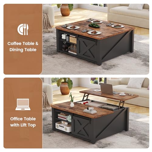 SEDETA 31.5" Lift Top Coffee Table with Storage, Square Coffee Tables for Living Room, Farmhouse Coffee Table with Large Hidden Storage Compartment and Adjustable Shelves, Black - color: Black
