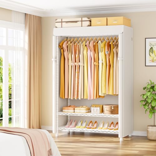 H5C Plus Clothes Rack with Cover, Covered Clothing Rack Heavy Duty | Garment Rack with Shelves, 3-Tier Portable Closets for Hanging Clothes, Max Load 370LBS, White Closet Racks with White Cover - color: White Rack with White Cover, size: H5C Plus