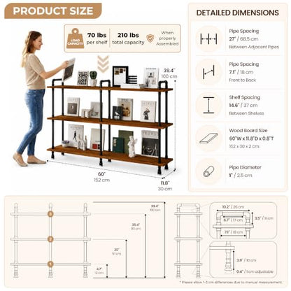 Industrial Bookshelf, Pipe Shelf Bookcase, 3 Tier, 60" Rustic Brown | Solid pine shelves, 60 inch wide, black pipe frame, 70 lbs per shelf, open bookcase for books, plants, office - color: Rustic Brown, size: 60"L × 39"H