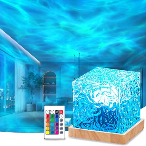 Avkast Ocean Wave Projector Light with Solid Wood Base,4.5" Mood Lighting Ambient Lighting with 16 Colors & Dynamic Ripple Effect, LED Night Lights Northern Projector for Bedroom Bathroom Room Decor - color: Corded - Ocean