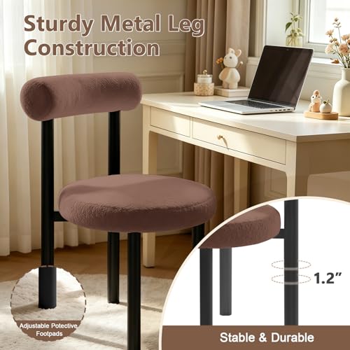Cute Small Armless Desk Chair, Ergonomic Comfy Vanity Chairs Lumbar Support with Back for Makeup, Teddy Fabric Computer Desk Chair for Home, Bedroom, Vanity, Teens, Adults - color: Brown