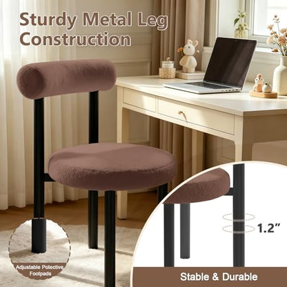 Cute Small Armless Desk Chair, Ergonomic Comfy Vanity Chairs Lumbar Support with Back for Makeup, Teddy Fabric Computer Desk Chair for Home, Bedroom, Vanity, Teens, Adults - color: Brown