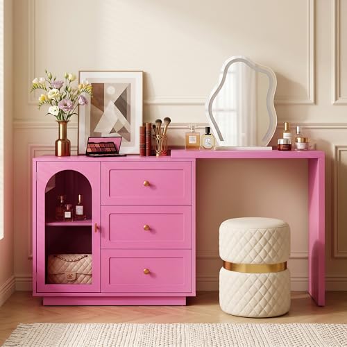 RoyalCraft 59" Makeup Vanity Desk, Pink Vanity Dresser for Girls and Women | Modern Dressing Table with 3 Drawers & 1 Door, Vanity for Bedroom, L Sharped Corner Table No Mirror - color: Pink