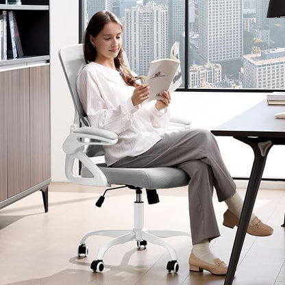 Ergonomic Office Chair,Mesh Office Chair with Lumbar Support,Mid Back Desk Chair with Flip-up Arms,400 lbs Comfy Computer Chair for Home Office (Light Grey) - color: Light Grey