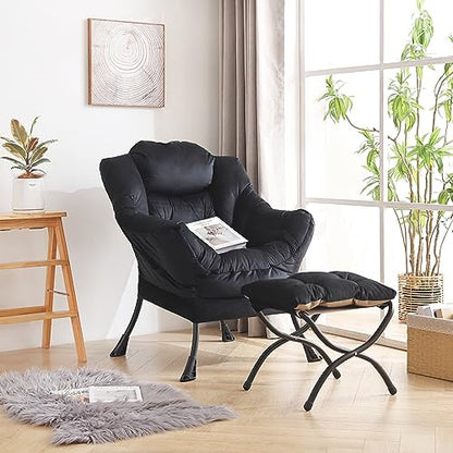 Lazy Chair with Ottoman, Comfy Accent Reading Chair, Velvet Black | Foldable Footrest,Removable Cover,with Armrests and Side Pockets,Upholstered Lounge Chair for Bedroom,Dorm,Office,Small Space - color: Velvet Black