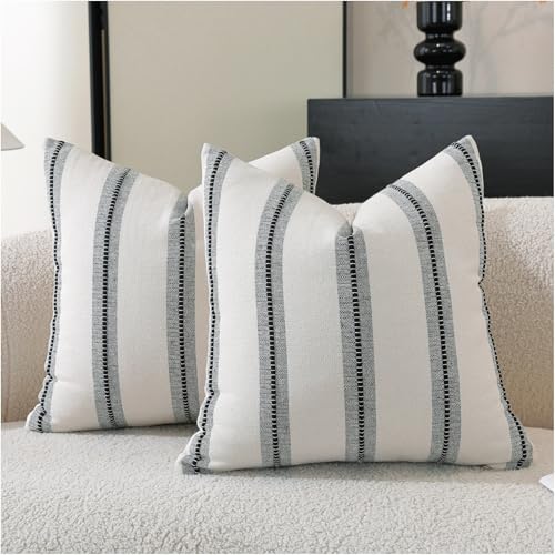 Cethom Boho Throw Pillow Covers 18x18 Set of 2, Beige and Black Striped Decorative Pillow Cases for Couch Chair Bed, Textured Farmhouse Accent Cushion Covers for Living Room Bedroom Sofa Home Decor - color: Black, size: 18" x 18" (Pack of 2)