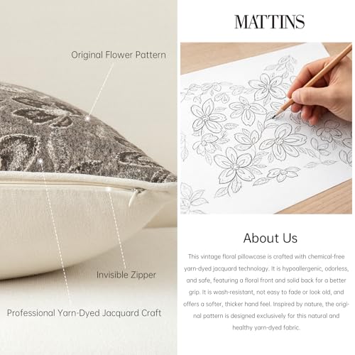 MATTINS 12x20 Vintage Floral Patterned Lumbar Pillow Cover, Gray Brown 2PC | Farmhouse Decorative Pillow Covers, Country Botanical Jacquard Design, Cottage Boho Accent for Sofa, Bed, and Living Room - color: Gray Brown, size: 20" x 12" (Pack of 2)