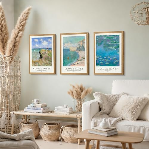 JLTULT Claude Monet Wall Art Set of 3, Solid Wood Frames, 16 x 24 in Each | Monet impressionist prints on fade-resistant canvas with ready-to-hang solid wood frames for living rooms and bedrooms - color: Monet, size: 24"L x 16"W