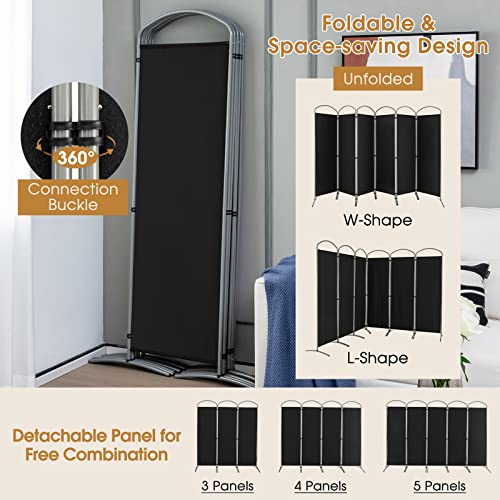 Giantex 1.8m(6.2피트) 접이식 6패널 룸 디바이더 블랙 - 330.2cm(130인치) 너비의 독립형 접이식 패브릭 프라이버시 스크린, 경량 휴대용 파티션 벽 칸막이 및 분리기, 홈 오피스, 아파트, 스튜디오용 - color: 블랙., size: 6-Panel