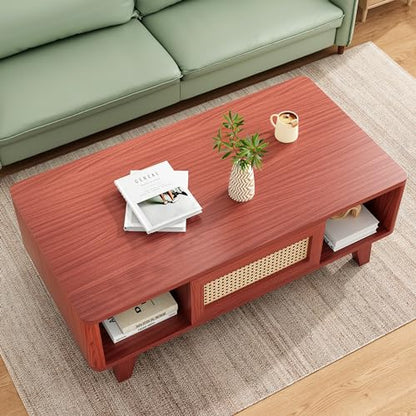 Coffee Table, Mid Century Living Room Tables with Storage, Modern Square with Rattan Drawer, Wooden Living Room Table with Solid Wood Leg - color: Cherry