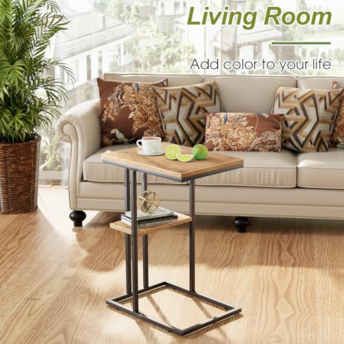 C Shaped End Table, Small Side Table for Couch and Bed, Wood Snack Table with Metal Frame for TV Tray, Sofa, Living Room, Bedroom, Bedside (Oak) - color: Oak Brown+black