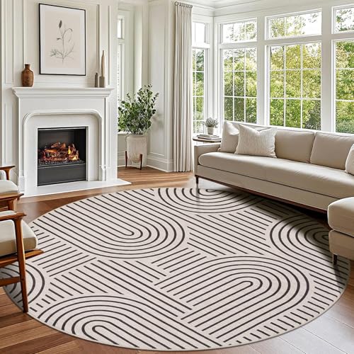 ROYHOME Modern 6ft Round Washable Rug for Living Room Non Slip, LightCamel | Abstract Area Rug for Bedroom, Rainbow Throw Rugs with Rubber Back, Low Pile Stain Resistant Geometric Carpet for Dining Room - color: Light Camel, size: 6' (Round)