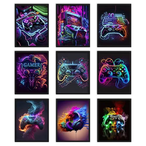 MUWAK Canvas Cool Game Posters Wall Art Set of 9 – Neon Gamepad Graffiti Prints, Gaming Wall Decor Aesthetic Pictures for Teen Bedroom Dormitory Game Room Decorate – 12x16in Unframed - color: Game, size: 16L" x 12W"