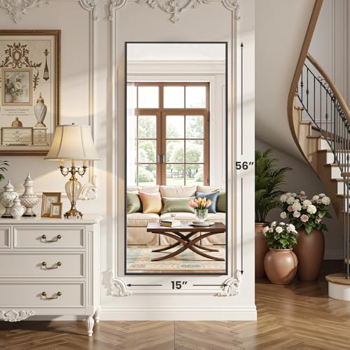 OLIXIS Black Full Length Mirror 15"x56" for Bedroom, Full Body Floor Mirror | with Stand, Hanging or Leaning for Wall, Aluminum Alloy Thin Frame Floor Standing for Living Room, Long - color: Black-rectangle, size: 56.5"L x 15"W