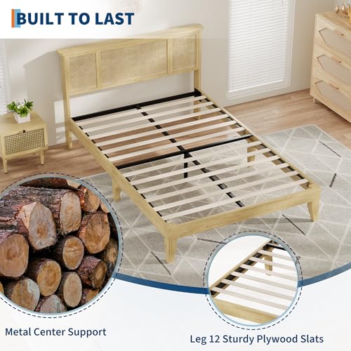 GarveeHome Full Bed Frame with Natural Rattan Headboard, Sturdy Metal Base with Durable Wooden Slats, Boho-Style Cane Mattress Support, No Box Spring Needed
