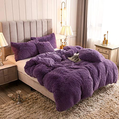 Faux Fur Velvet Fluffy Bedding Duvet Cover Set Down Comforter Quilt Cover with Pillow Shams, Ultra Soft Warm (Queen, Purple) - color: Purple, size: Queen