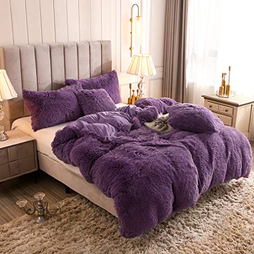 Faux Fur Velvet Fluffy Bedding Duvet Cover Set Down Comforter Quilt Cover with Pillow Shams, Ultra Soft Warm (Queen, Purple) - color: Purple, size: Queen
