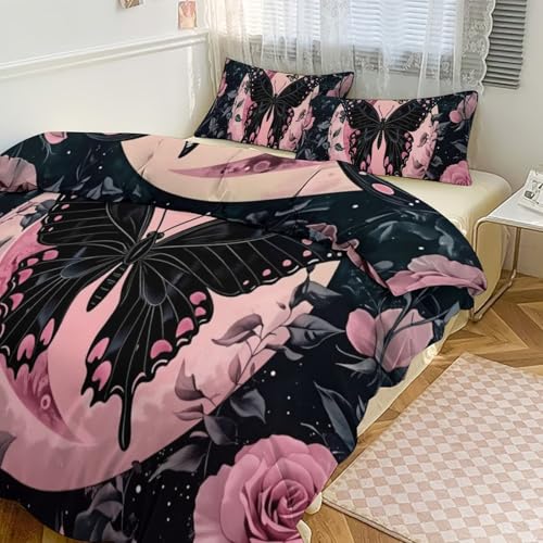 Black Butterfly, Pink Roses, Moons & Stars 3 Piece Reversible Bedding Set 79"x90",Double Sided Brushed Microfiber Duvet Cover Set with 2 Pillowcases Soft Breathable Comforter Cover for Home - color: Black Butterfly, Pink Roses, Moons & Stars, size: 79"x90